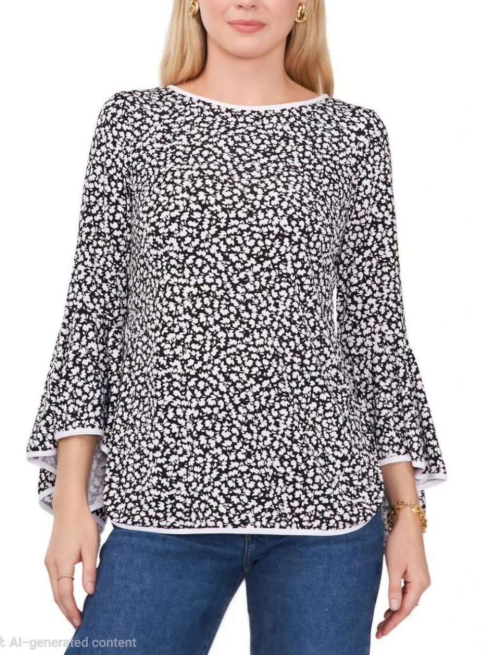 Versona Polka Dot Long Sleeve Blouse, Bell Flared Sleeves, Black/White - Size L - Picture 8 of 9